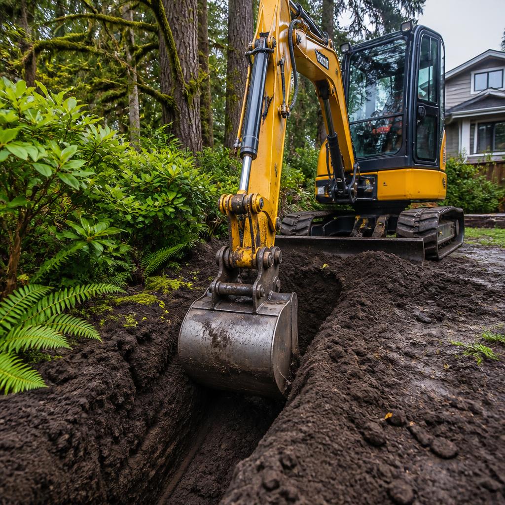 A mini excavator digging a neat trench for drainage installation in damp West Coast soil surrounded by ferns