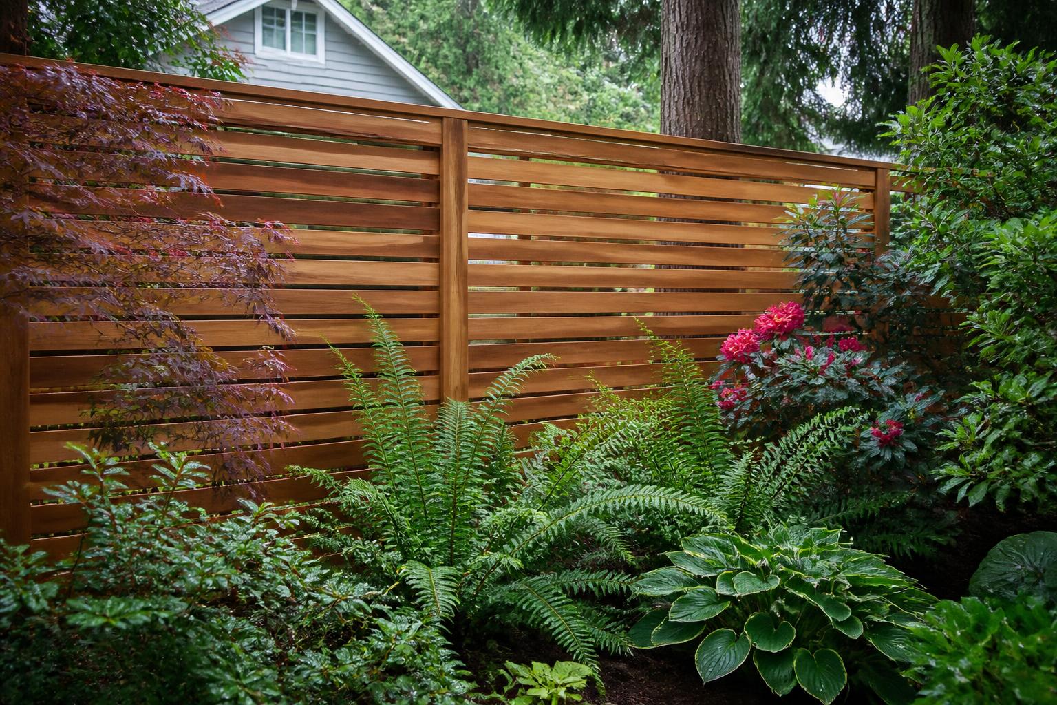Western red cedar horizontal-slat privacy fence in a lush West Coast garden with ferns, hostas and rhododendrons
