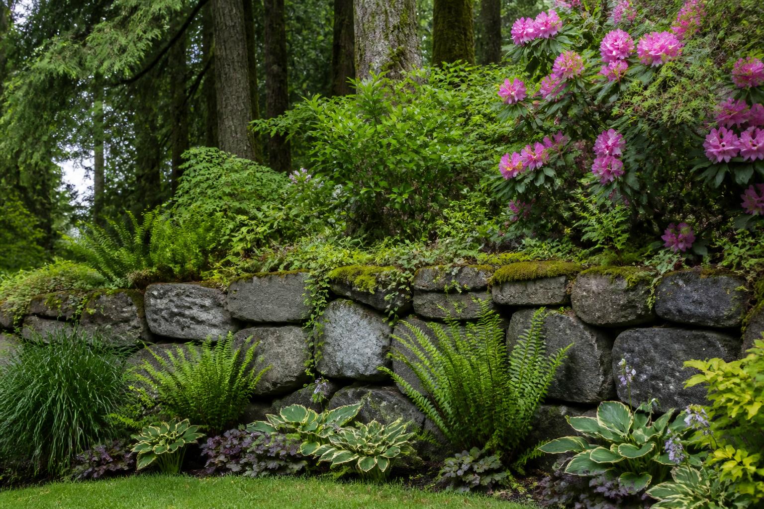 Natural stacked stone retaining wall edged with moss, sword ferns, hostas and flowering rhododendrons under coastal evergreens
